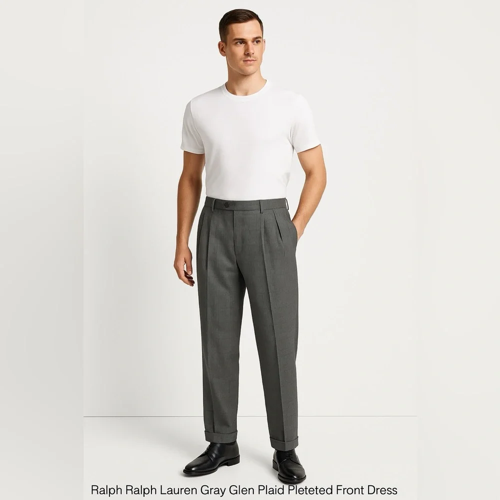 Ralph Lauren Gray Glen Plaid Pleated Dress Pants Cuffed Hem 36x30